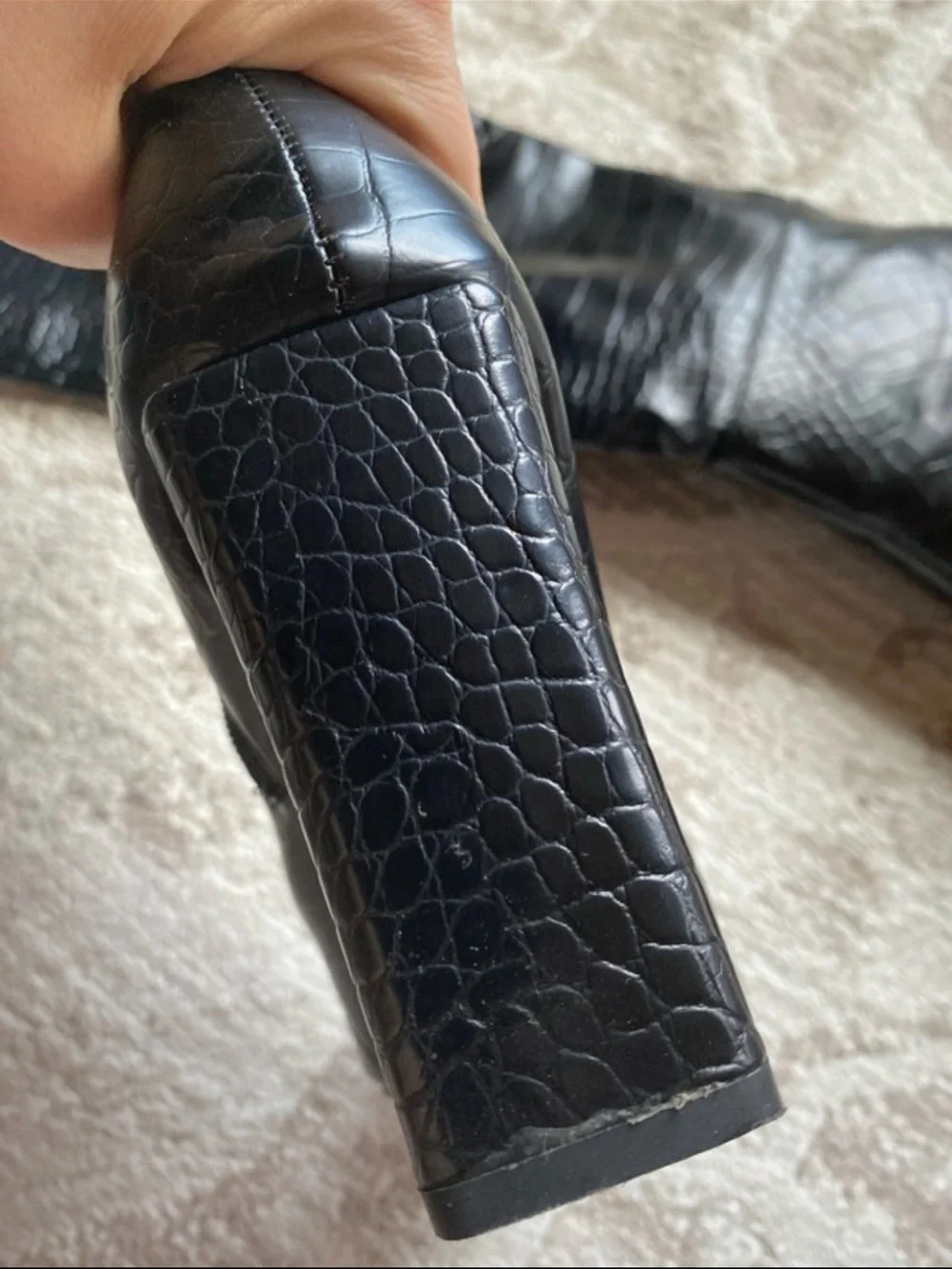 Black Croc-Embossed Knee-High Heeled Boots